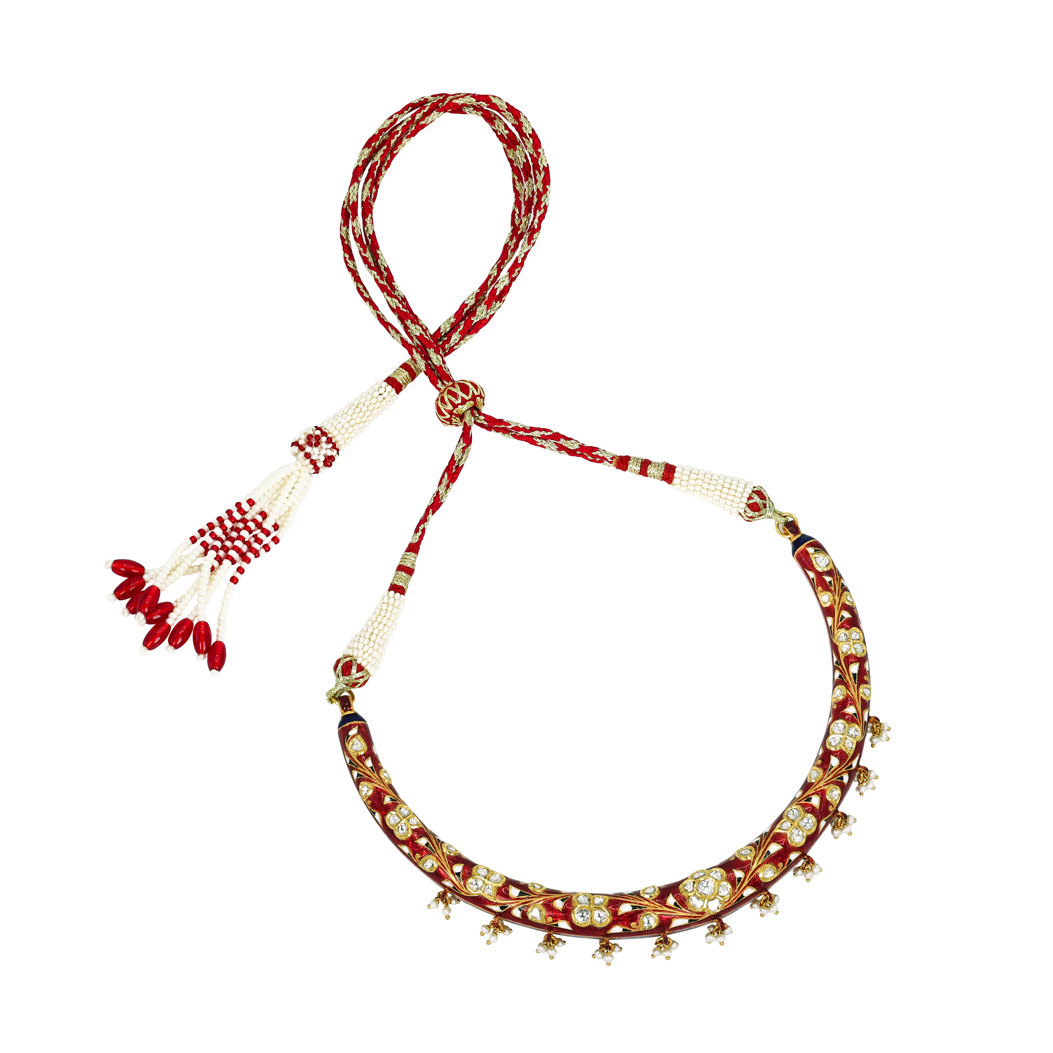 Polki Hasli Necklace Set with Red Enamel and Pearl Beads